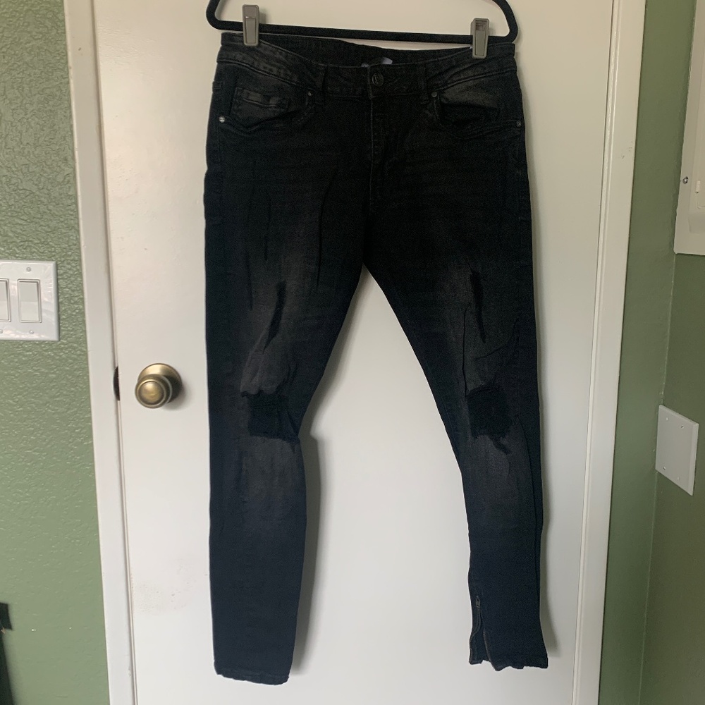 YoungLA Distressed Slim Fit Jeans Ankle Zipper Detail